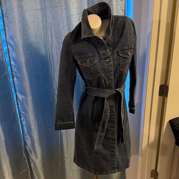 Women's Dark Blue Denim Belted Jacket - Picture 1 of 8